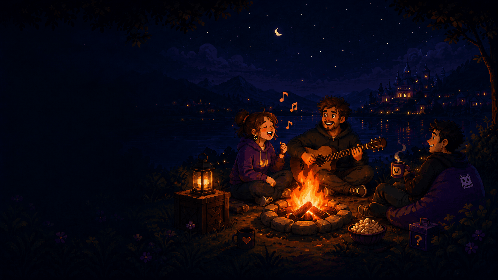 Friends gathered around a campfire at night, pixel art style